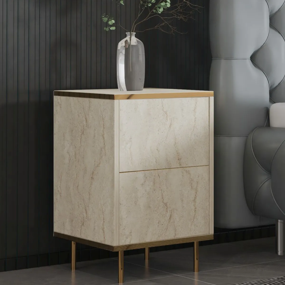 Comodini > Dmora Comodino Beige Marmo oro un Ripiano Apertura Battente 40x35x60h cm, Un'anta - Vestone Oro, Beige Marmo