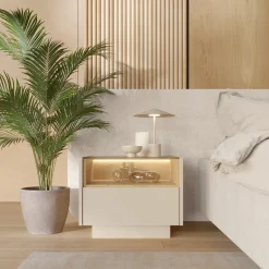 Comodini > Dmora Comodino Beige Marrone Rovere un Cassetto 2 Ripiani 53x40x43h cm, Apertura Push-pull - Veirra Marrone Rovere, Beige