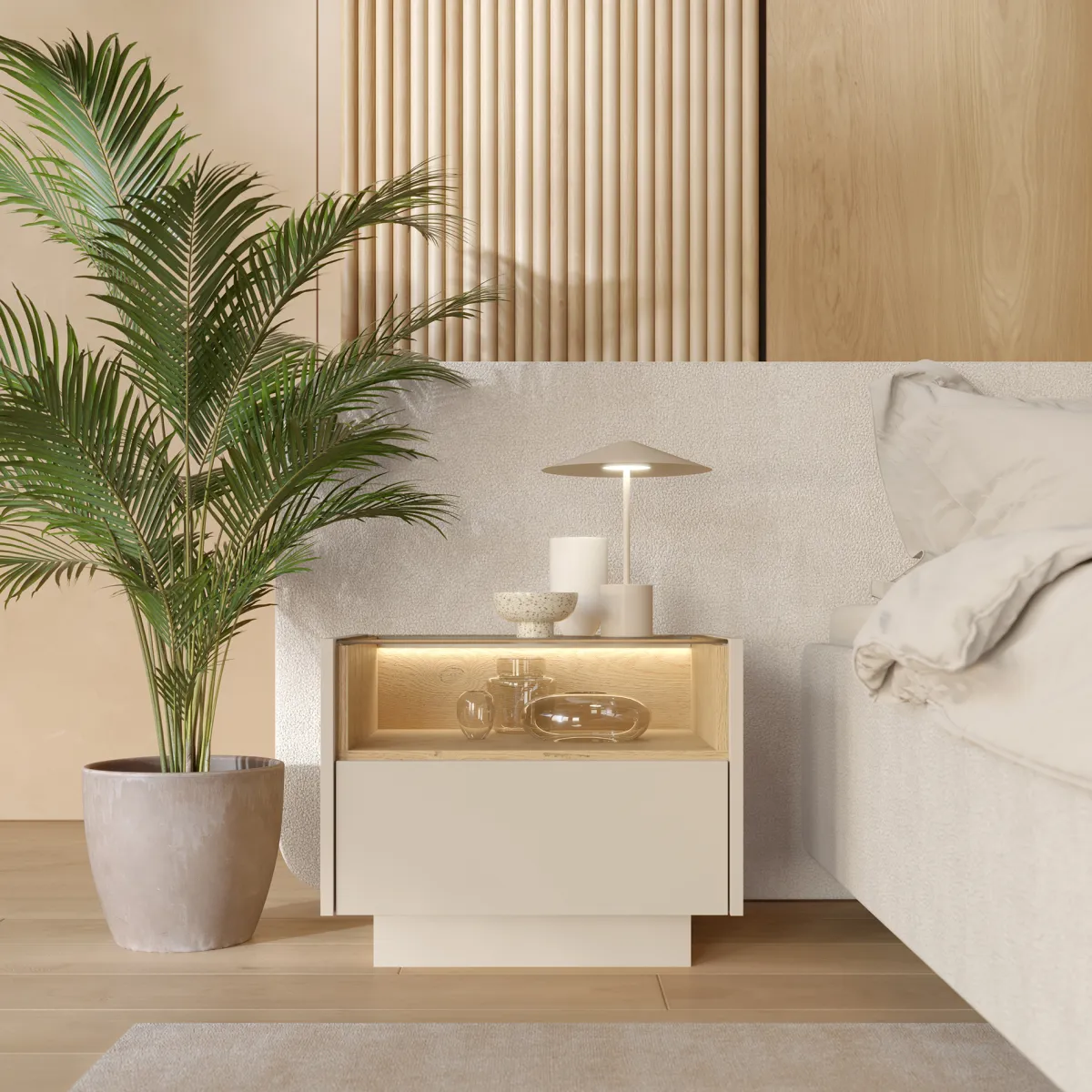 Comodini > Dmora Comodino Beige Marrone Rovere un Cassetto 2 Ripiani 53x40x43h cm, Apertura Push-pull - Veirra Marrone Rovere, Beige