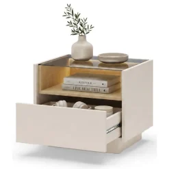 Comodini > Dmora Comodino Beige Marrone Rovere un Cassetto 2 Ripiani 53x40x43h cm, Apertura Push-pull - Veirra Marrone Rovere, Beige