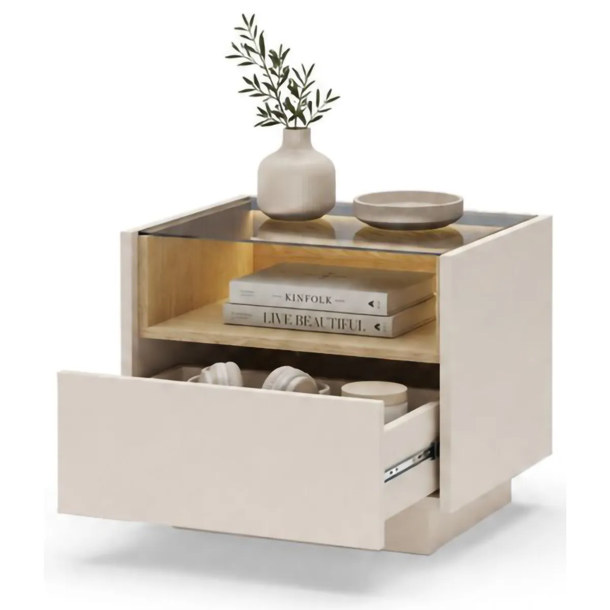 Comodini > Dmora Comodino Beige Marrone Rovere un Cassetto 2 Ripiani 53x40x43h cm, Apertura Push-pull - Veirra Marrone Rovere, Beige