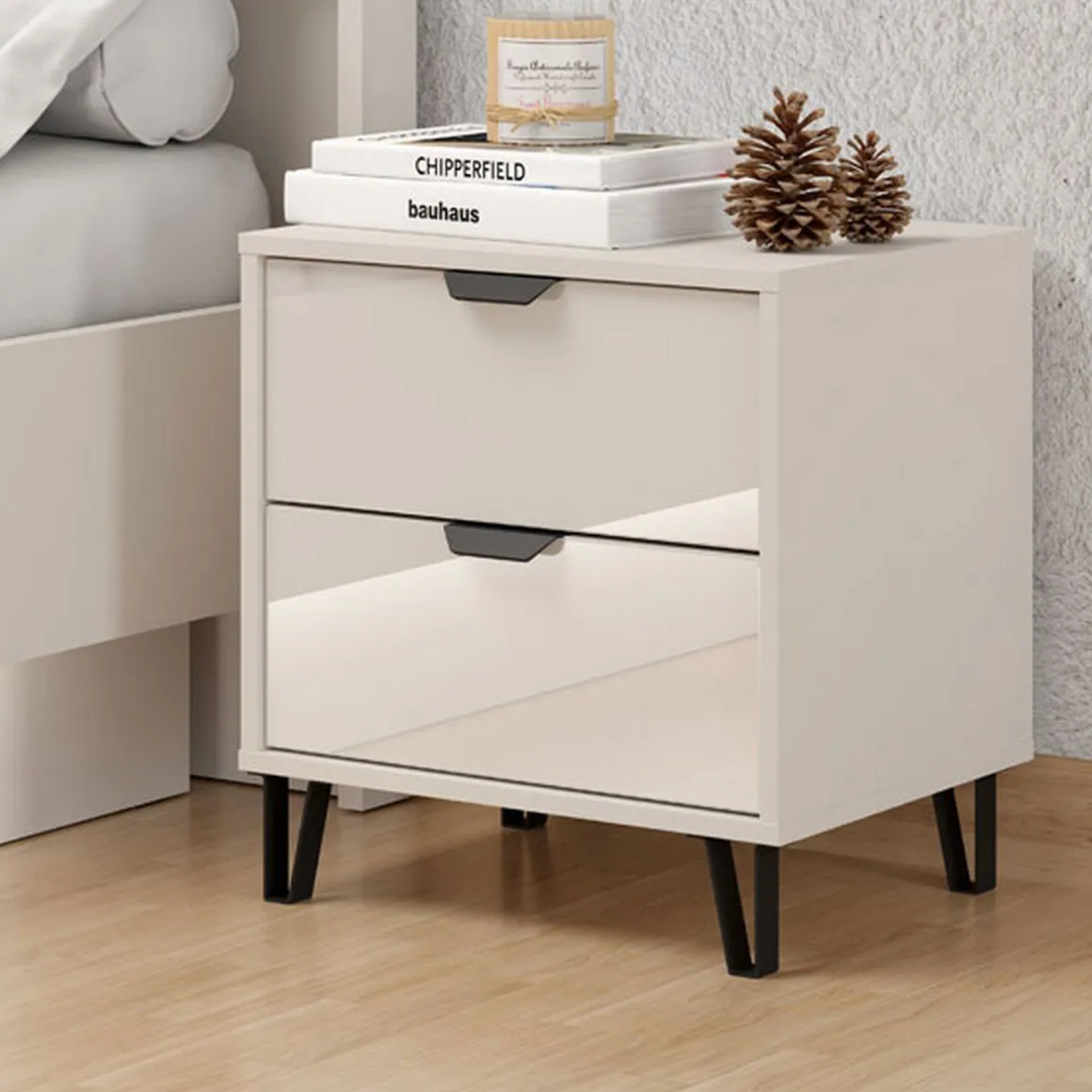 Comodino Beige Nero un Ripiano 2 Cassetti 48x40x52h cm, Apertura Scorrevole - Scarlino
