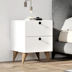 Comodino Bianco 2 Cassetti Apertura Scorrevole 40x42x55h cm, Chiusura Scorreveol - Cerveno