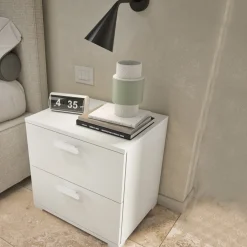 Comodino Bianco 2 Cassetti un Ripiano 50x40x45h cm, Apertura Scorrevole - Petri