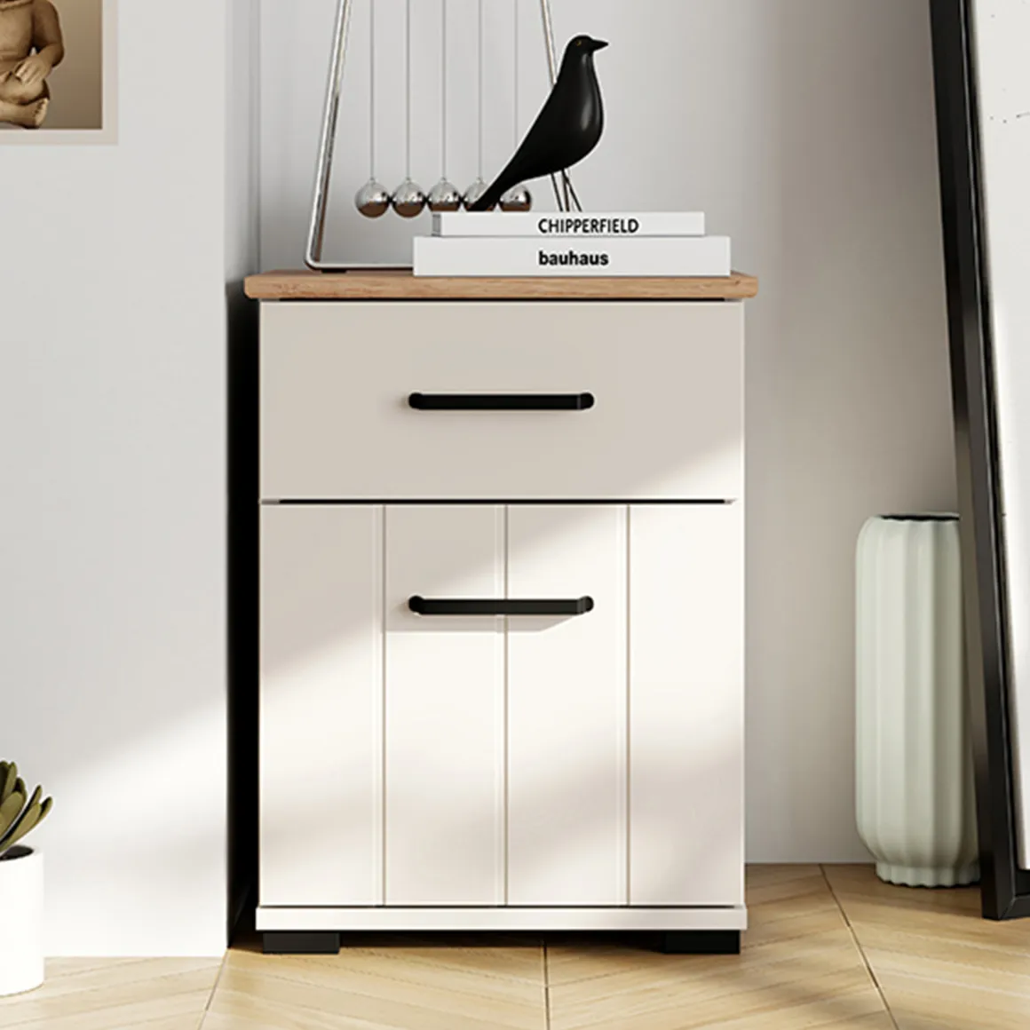 Comodino Bianco Crema Marrone Rovere un Cassetto un Ripiano 41x40x54h cm, Apertura Battente, Scorrevole - Punak