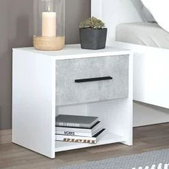 Comodino Bianco Grigio Cemento un Cassetto un Ripiano 42x33x42h cm, Apertura Scorrevole - Secli