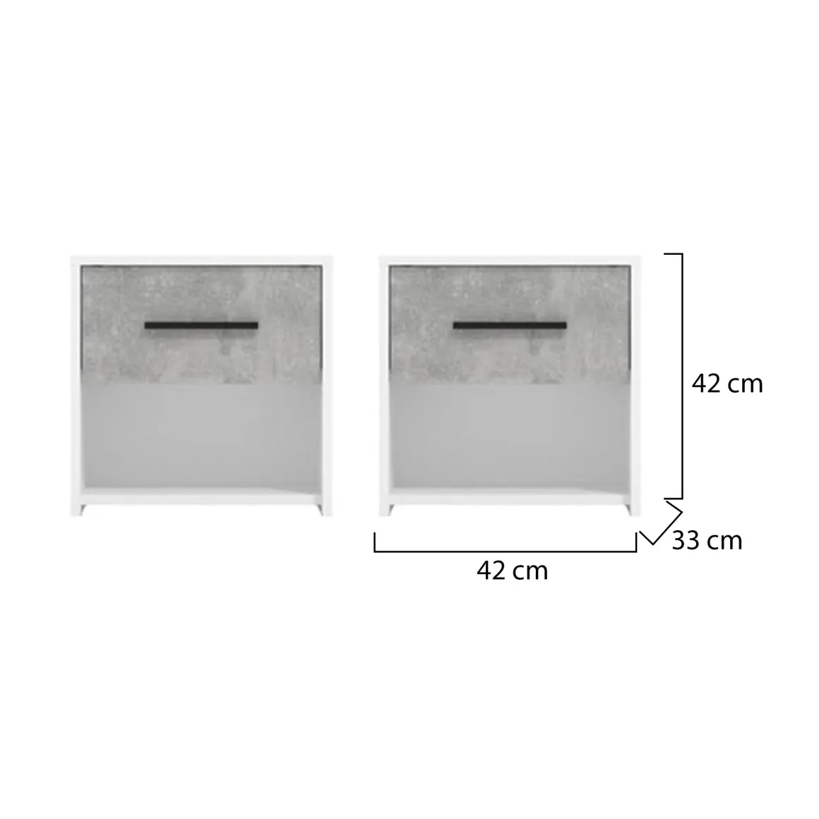 Comodino Bianco Grigio Cemento un Cassetto un Ripiano 42x33x42h cm, Apertura Scorrevole - Secli