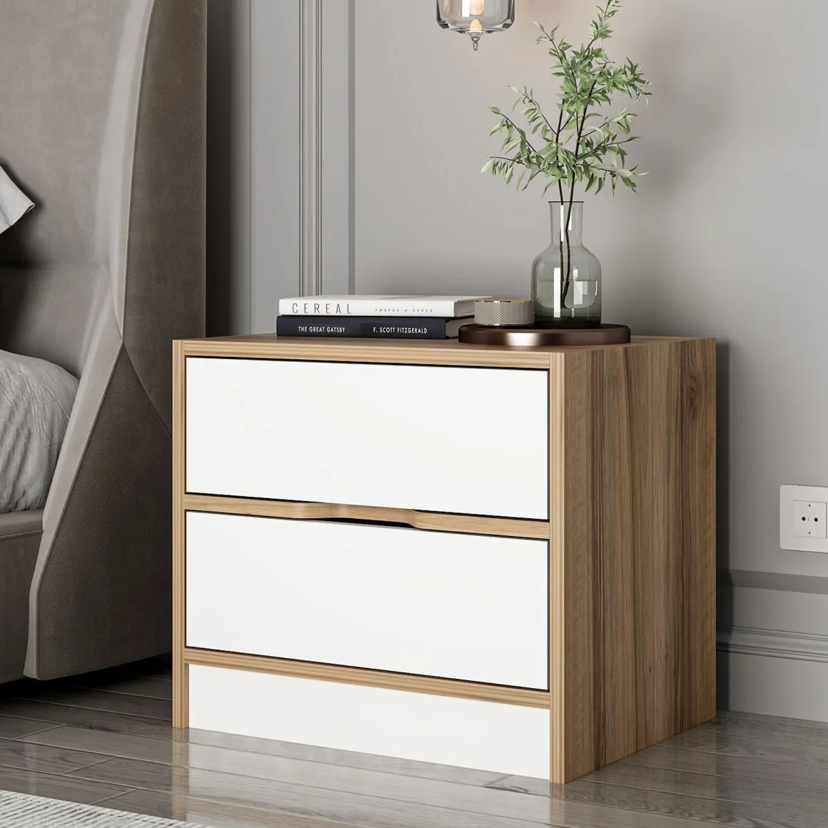 Comodino Bianco Marrone Noce 4 Cassetti Apertura Scorrevole 54x40x47h cm, Chiusura Scorrevole - Legnago