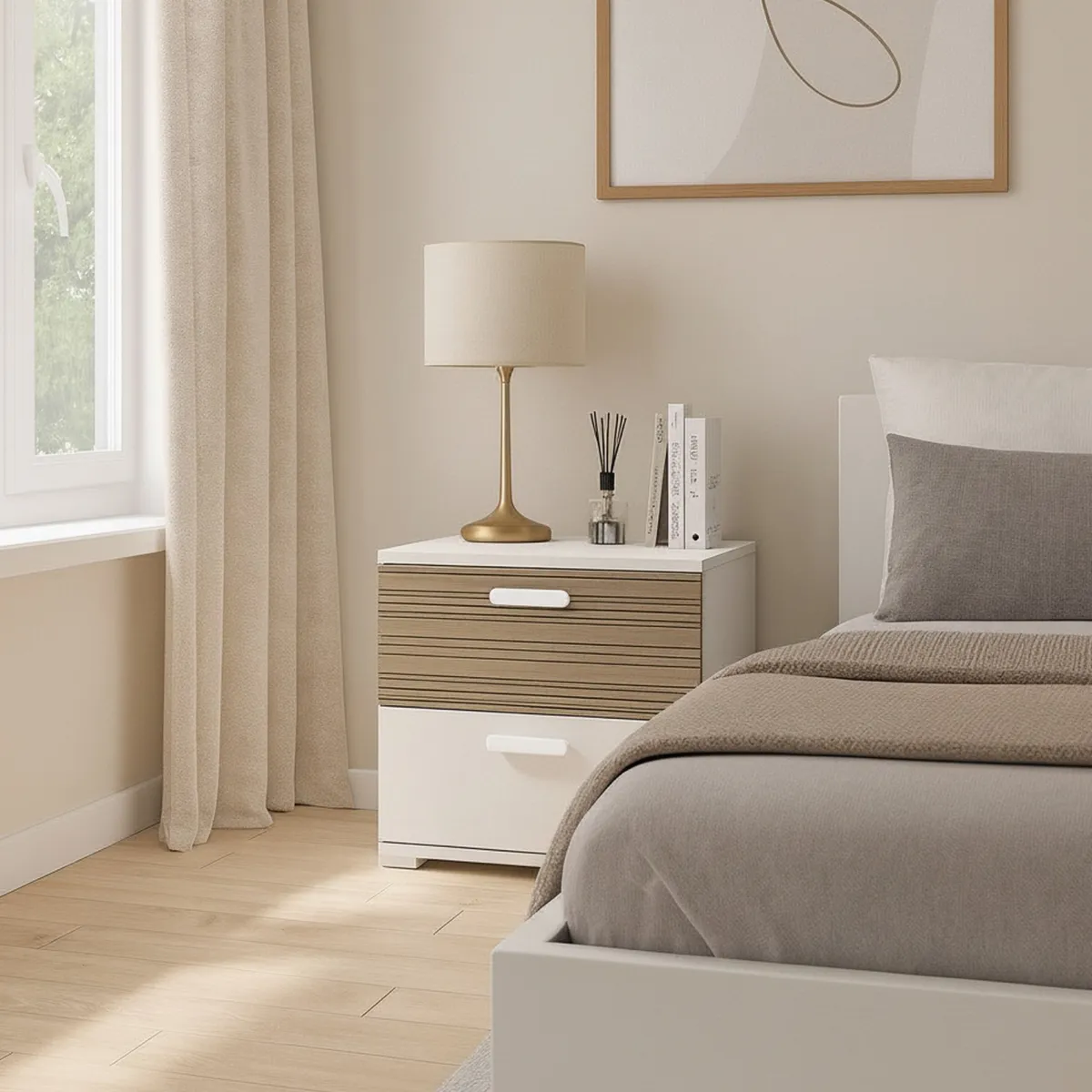 Comodini > Dmora Comodino Bianco Marrone Rovere 2 Cassetti un Ripiano 50x40x45h cm, Apertura Scorrevole - Petri Marrone, Bianco Rovere