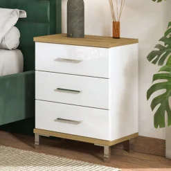 Comodino Bianco Marrone Rovere 3 Cassetti un Ripiano 45x40x69h cm, Apertura Scorrevole - Savino