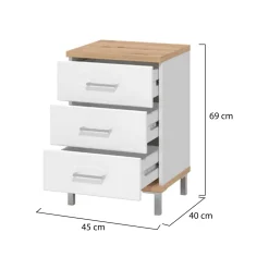 Comodino Bianco Marrone Rovere 3 Cassetti un Ripiano 45x40x69h cm, Apertura Scorrevole - Savino