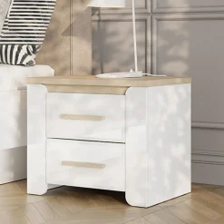 Comodini > Dmora Comodino Bianco Opaco Marrone Rovere 2 Cassetti un Ripiano 58x40x50h cm, Apertura Scorrevole - Yamba Marrone Rovere, Bianco Opaco