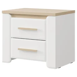 Comodini > Dmora Comodino Bianco Opaco Marrone Rovere 2 Cassetti un Ripiano 58x40x50h cm, Apertura Scorrevole - Yamba Marrone Rovere, Bianco Opaco