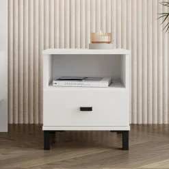Comodini > Dmora Comodino un Cassetto 2 Ripiani 39x35x45h cm, Apertura Scorrevole - Jinja Bianco Opaco