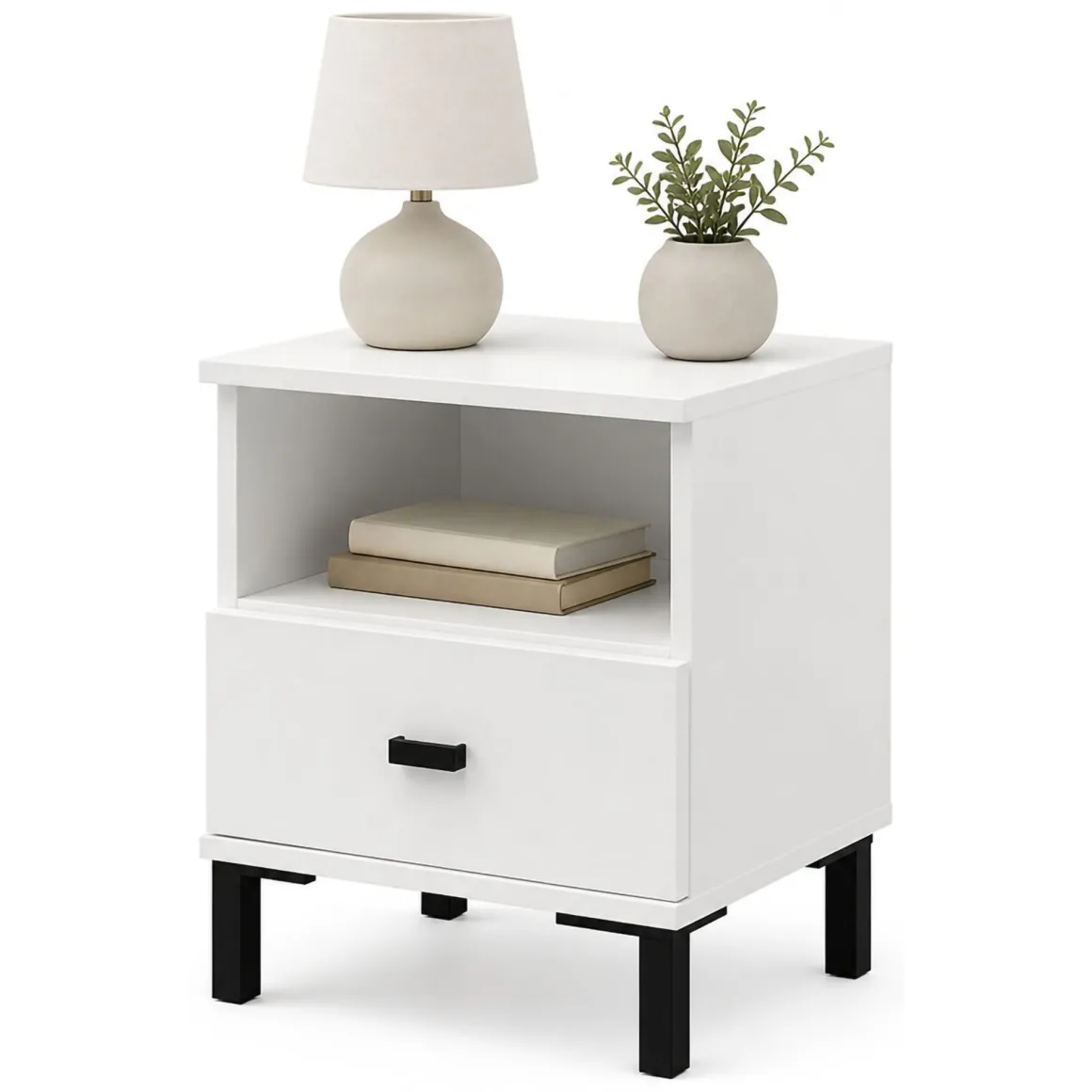 Comodini > Dmora Comodino un Cassetto 2 Ripiani 39x35x45h cm, Apertura Scorrevole - Jinja Bianco Opaco
