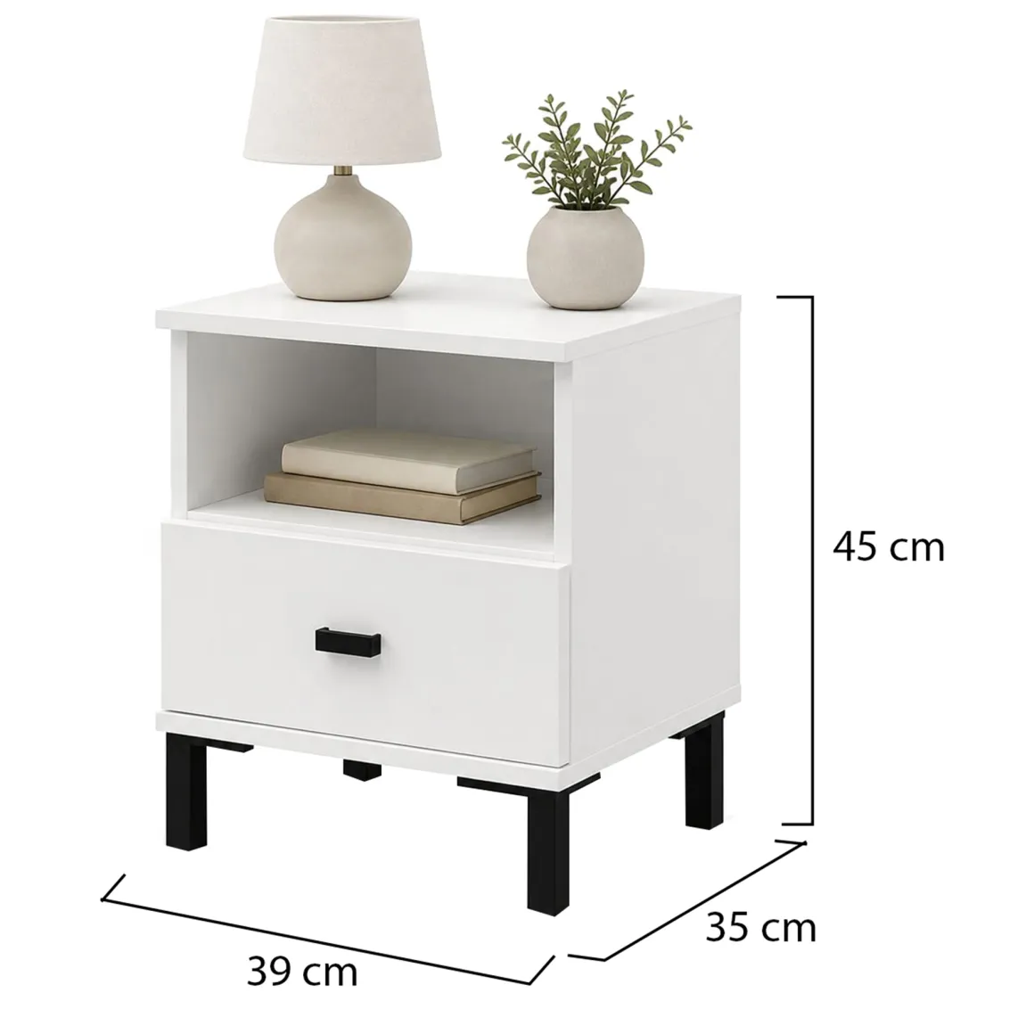 Comodini > Dmora Comodino un Cassetto 2 Ripiani 39x35x45h cm, Apertura Scorrevole - Jinja Bianco Opaco