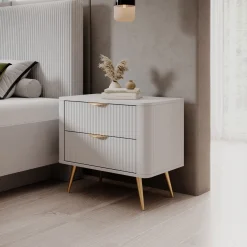 Comodino Bianco oro 2 Cassetti un Ripiano 63x38x55h cm, Apertura Scorrevole - Baari