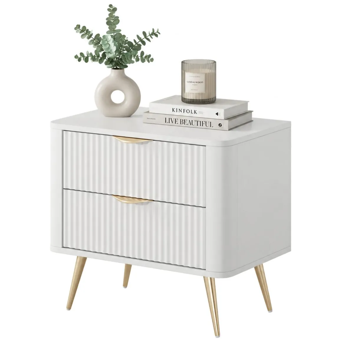 Comodino Bianco oro 2 Cassetti un Ripiano 63x38x55h cm, Apertura Scorrevole - Baari