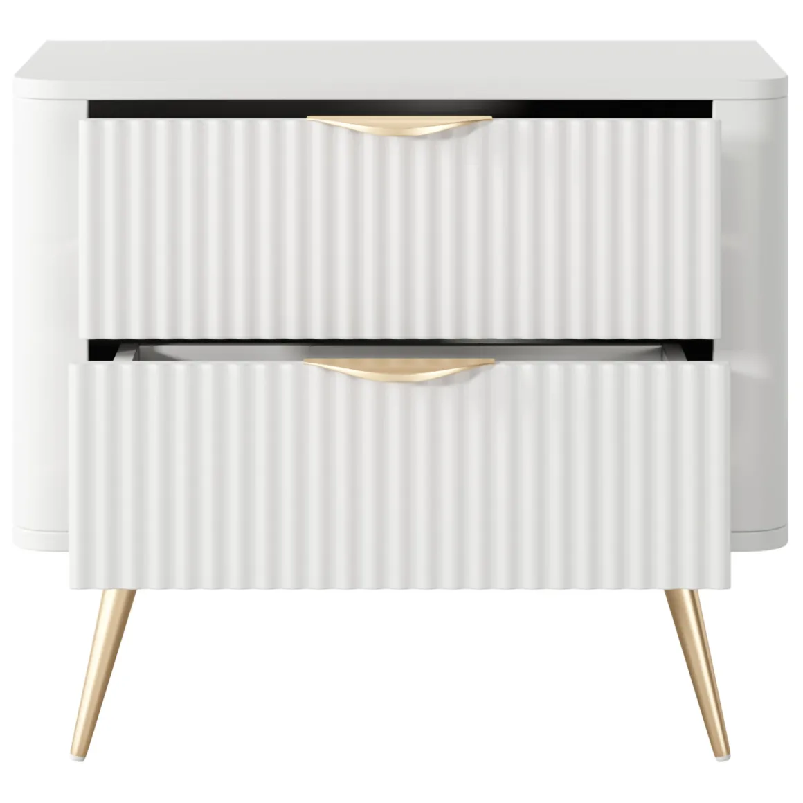 Comodino Bianco oro 2 Cassetti un Ripiano 63x38x55h cm, Apertura Scorrevole - Baari