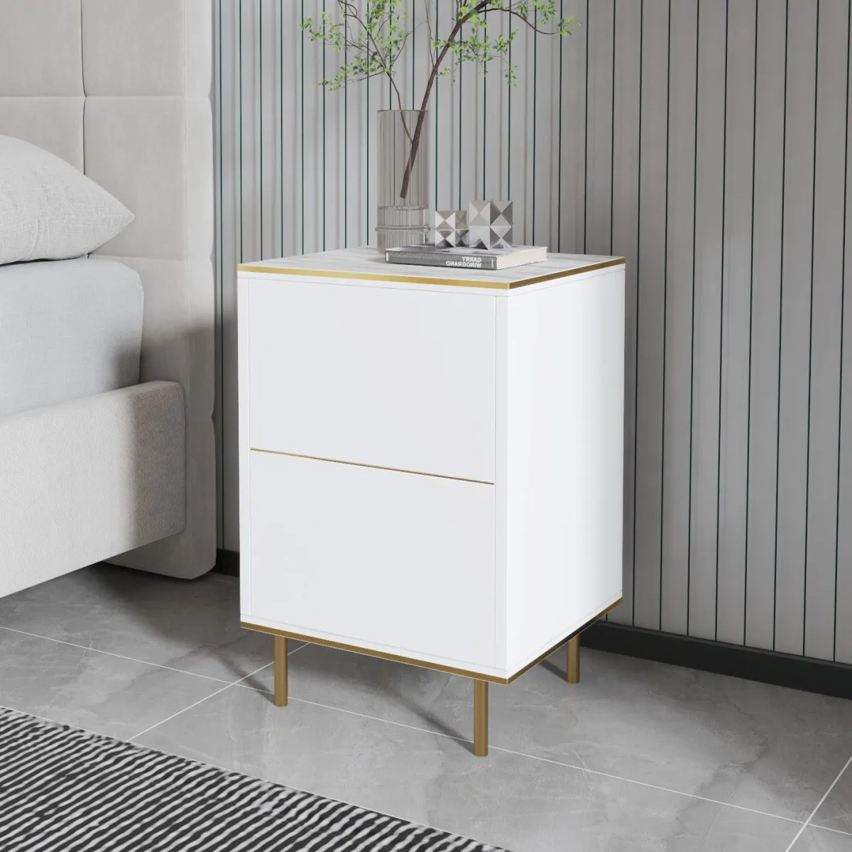 Comodini > Dmora Comodino Bianco oro un Ripiano Apertura Battente 40x35x60h cm, Un'anta - Vestone Oro, Bianco