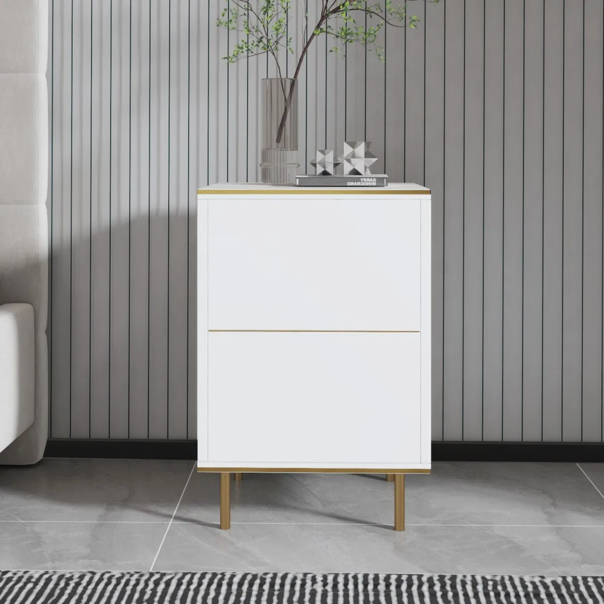 Comodini > Dmora Comodino Bianco oro un Ripiano Apertura Battente 40x35x60h cm, Un'anta - Vestone Oro, Bianco