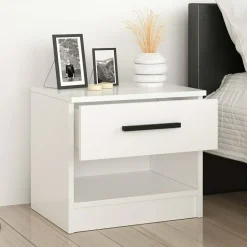 Comodini > Dmora Comodino 2 Ripiani un Cassetto 50x40x47h cm, Apertura Scorrevole - Igme Bianco