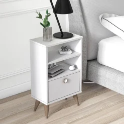 Comodino Bianco un Cassetto un Ripiano 45x74x25h cm, Apertura Scorrevole