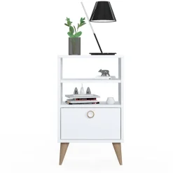 Comodino Bianco un Cassetto un Ripiano 45x74x25h cm, Apertura Scorrevole