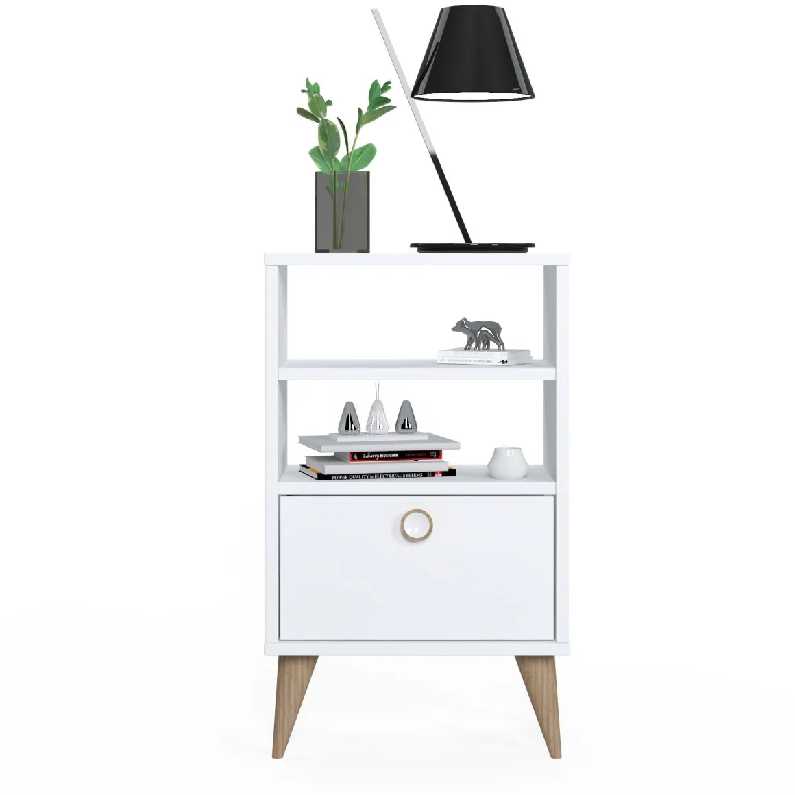 Comodino Bianco un Cassetto un Ripiano 45x74x25h cm, Apertura Scorrevole