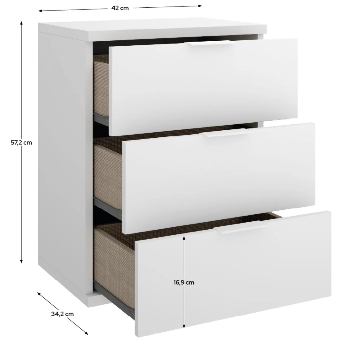 Comodino Bianco un Ripiano 3 Cassetti 34x42x57h cm, Apertura Scorrevole - Sturgis
