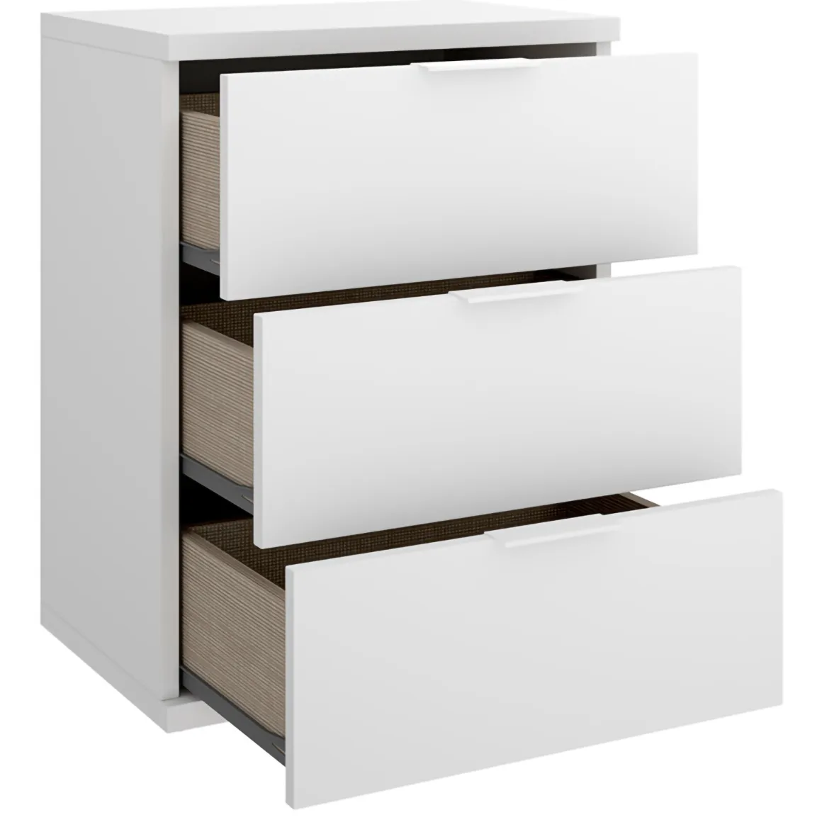 Comodino Bianco un Ripiano 3 Cassetti 34x42x57h cm, Apertura Scorrevole - Sturgis