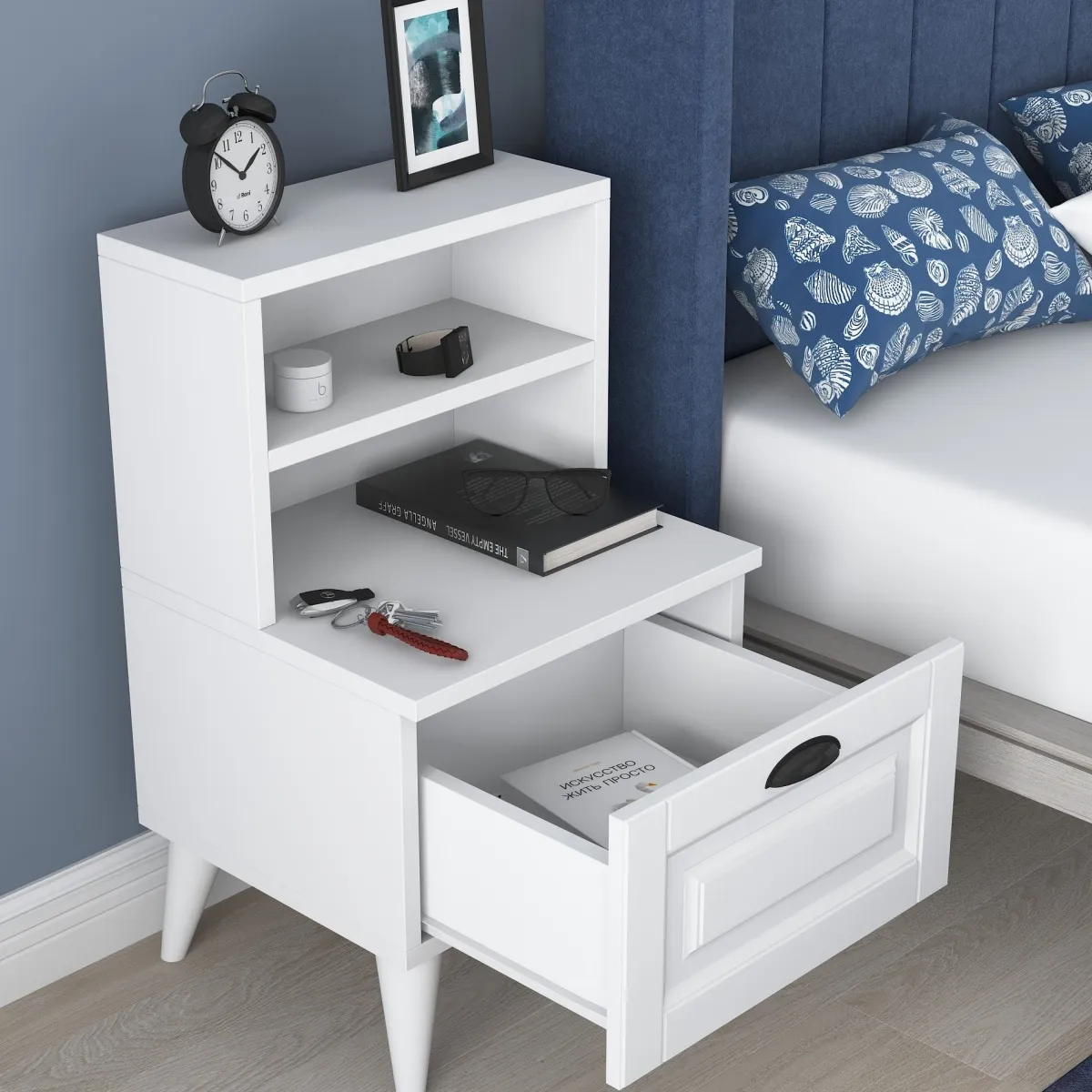 Comodini > Dmora Comodino un Ripiano un Cassetto 45x40x74h cm, Apertura Scorrevole - Offagna Bianco