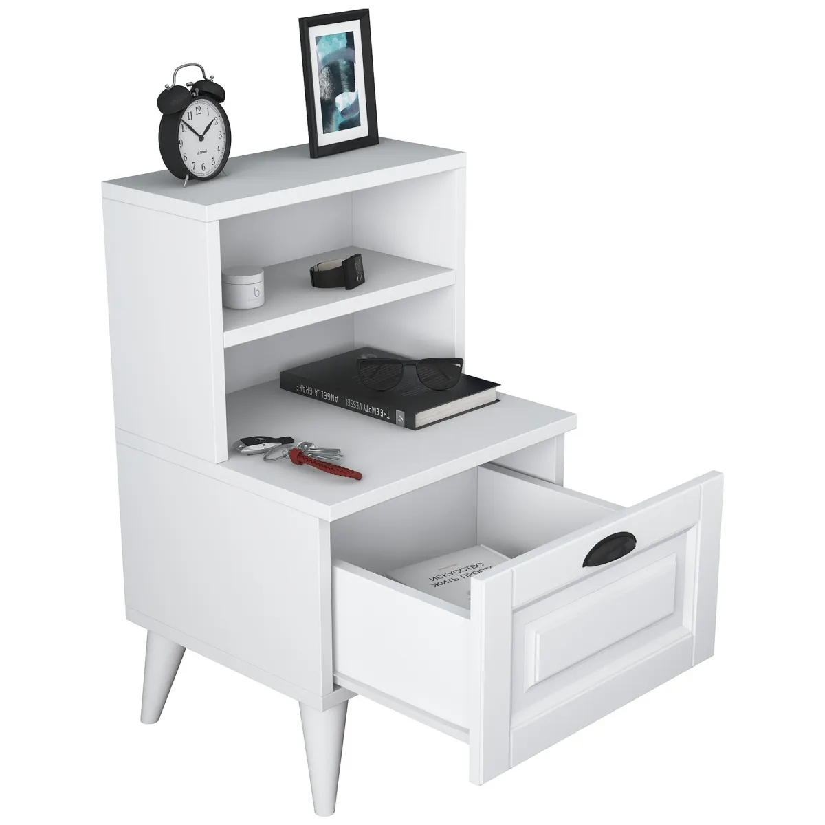 Comodini > Dmora Comodino un Ripiano un Cassetto 45x40x74h cm, Apertura Scorrevole - Offagna Bianco