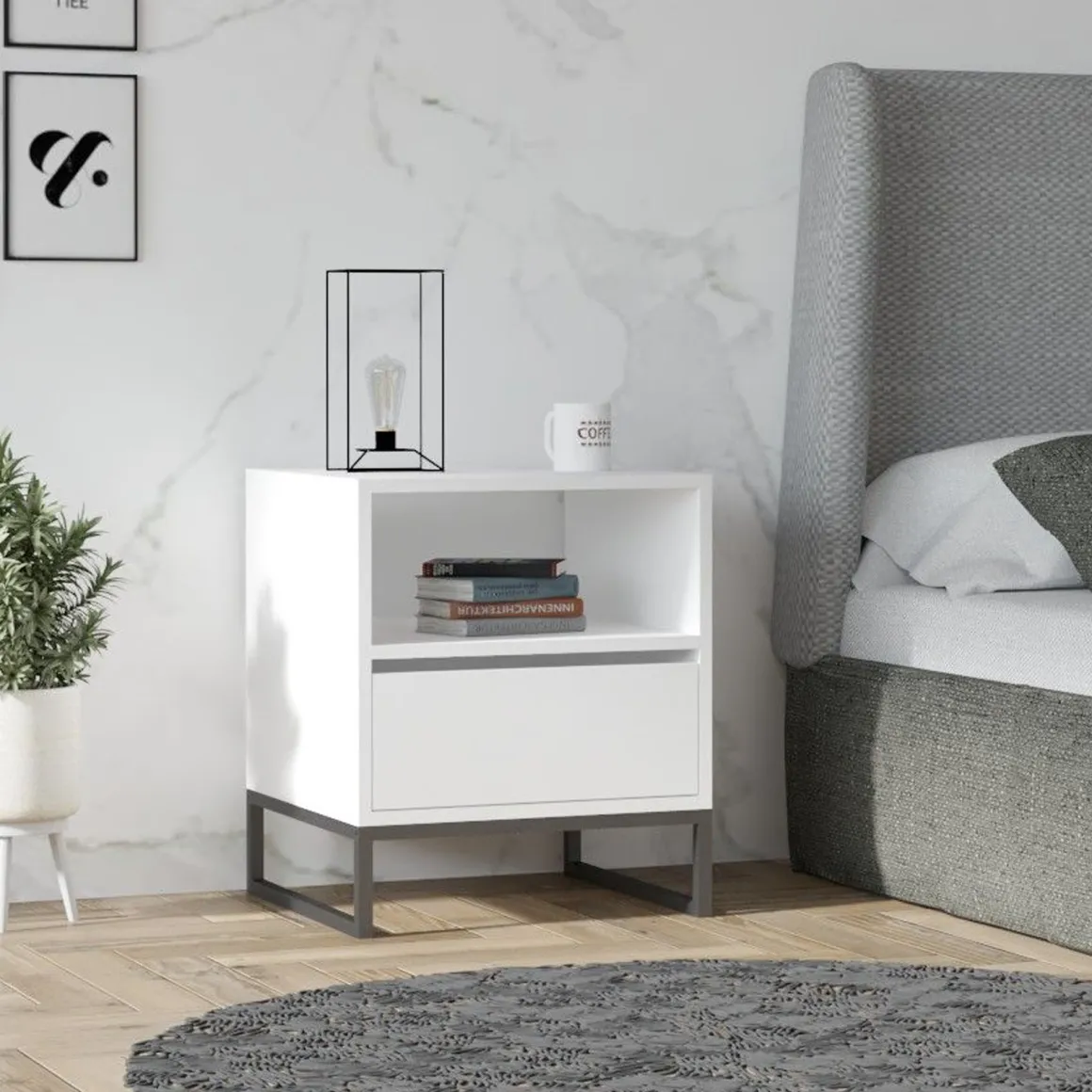 Comodino Bianco un Ripiano un Cassetto 51x51x61h cm, Apertura Scorrevole - Compatri