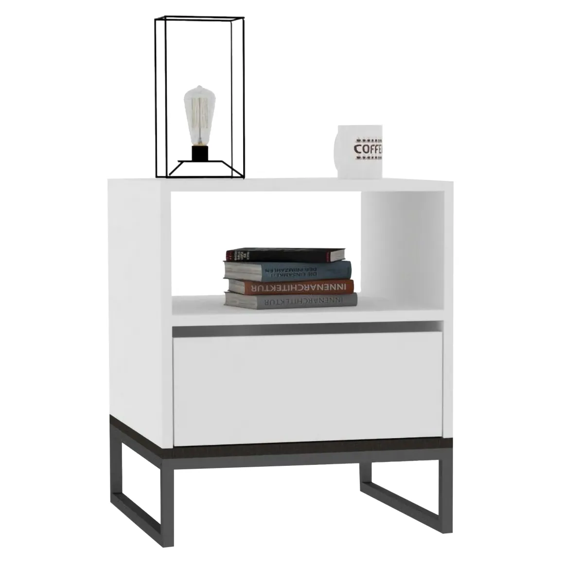 Comodino Bianco un Ripiano un Cassetto 51x51x61h cm, Apertura Scorrevole - Compatri