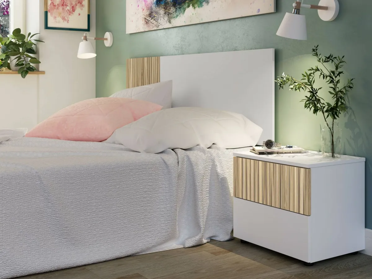 Comodini > Dmora Comodino cannettato bianco e rovere 50x41x34h cm - Josie Marrone, Bianco Rovere