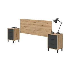 Comodini|Camera Da Letto > Dmora Comodino 3 cassetti legno e antracite 160x40x60h cm - Allan Nero Antracite, Marrone Rovere Nodi