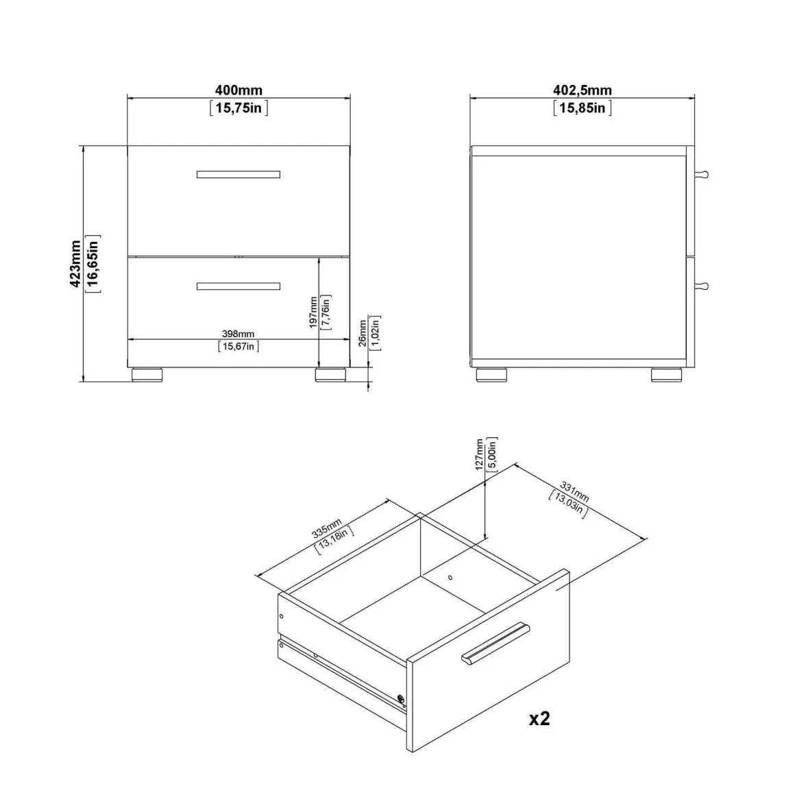 Comodino 2 cassetti rovere 40x40x42h cm - Apolla