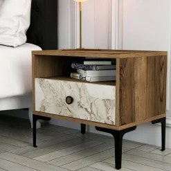 Comodini|Camera Da Letto > Dmora Comodino 1 cassetto noce e bianco marmo 56x40x50h cm - Editta Bianco Marmo, Marrone Noce