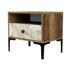Comodini|Camera Da Letto > Dmora Comodino 1 cassetto noce e bianco marmo 56x40x50h cm - Editta Bianco Marmo, Marrone Noce