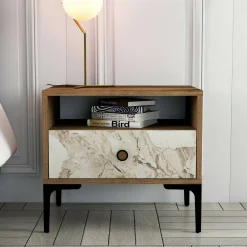 Comodini|Camera Da Letto > Dmora Comodino 1 cassetto noce e bianco marmo 56x40x50h cm - Editta Bianco Marmo, Marrone Noce