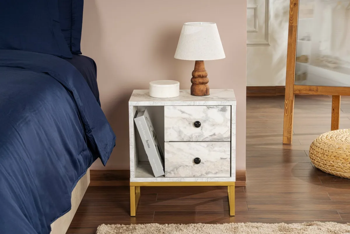Comodini > Dmora Comodino industrial marmo e oro 45x29x50h cm - Rhiannon Oro, Bianco Marmo