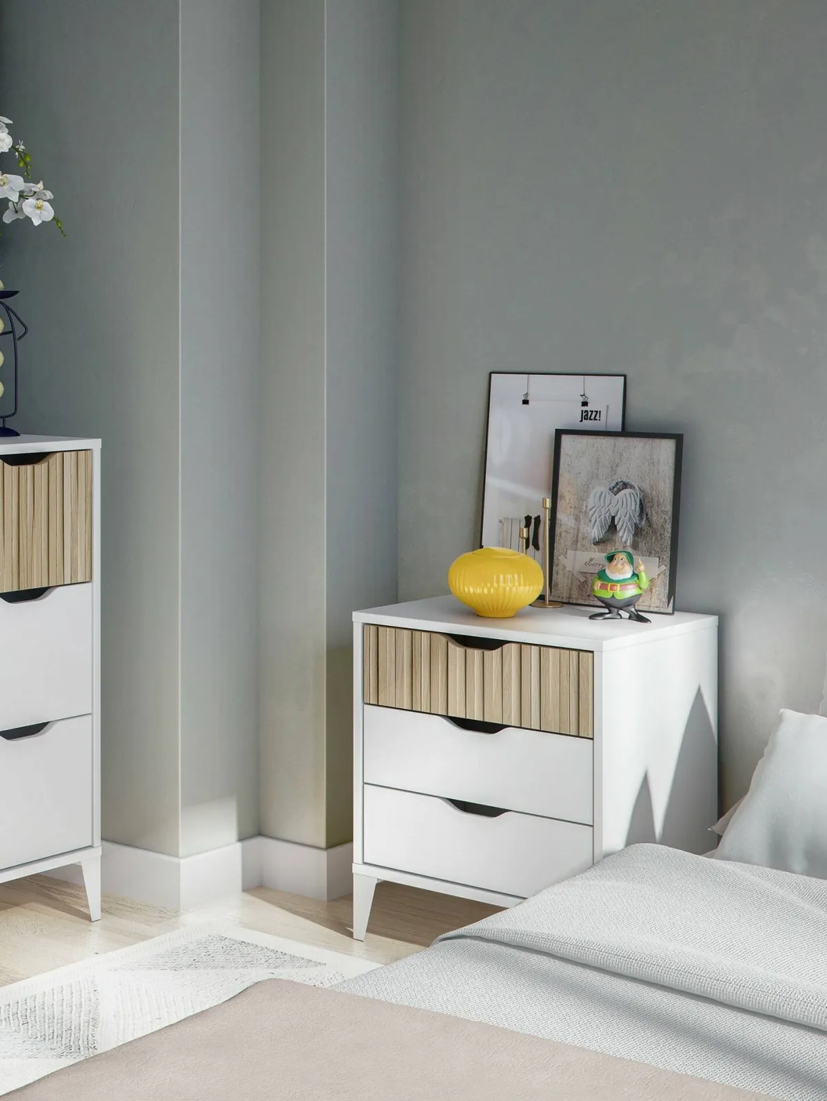 Comodini > Dmora Comodino in legno bianco e rovere 44x33x50h cm - Jessa Marrone, Bianco Rovere