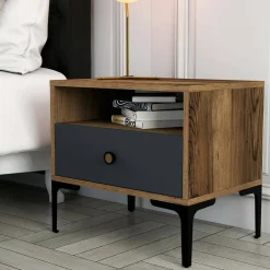 Comodini|Camera Da Letto > Dmora Comodino in legno e metallo noce e antracite 56x40x50h cm - Editta Nero Antracite, Marrone Noce