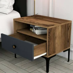 Comodini|Camera Da Letto > Dmora Comodino in legno e metallo noce e antracite 56x40x50h cm - Editta Nero Antracite, Marrone Noce