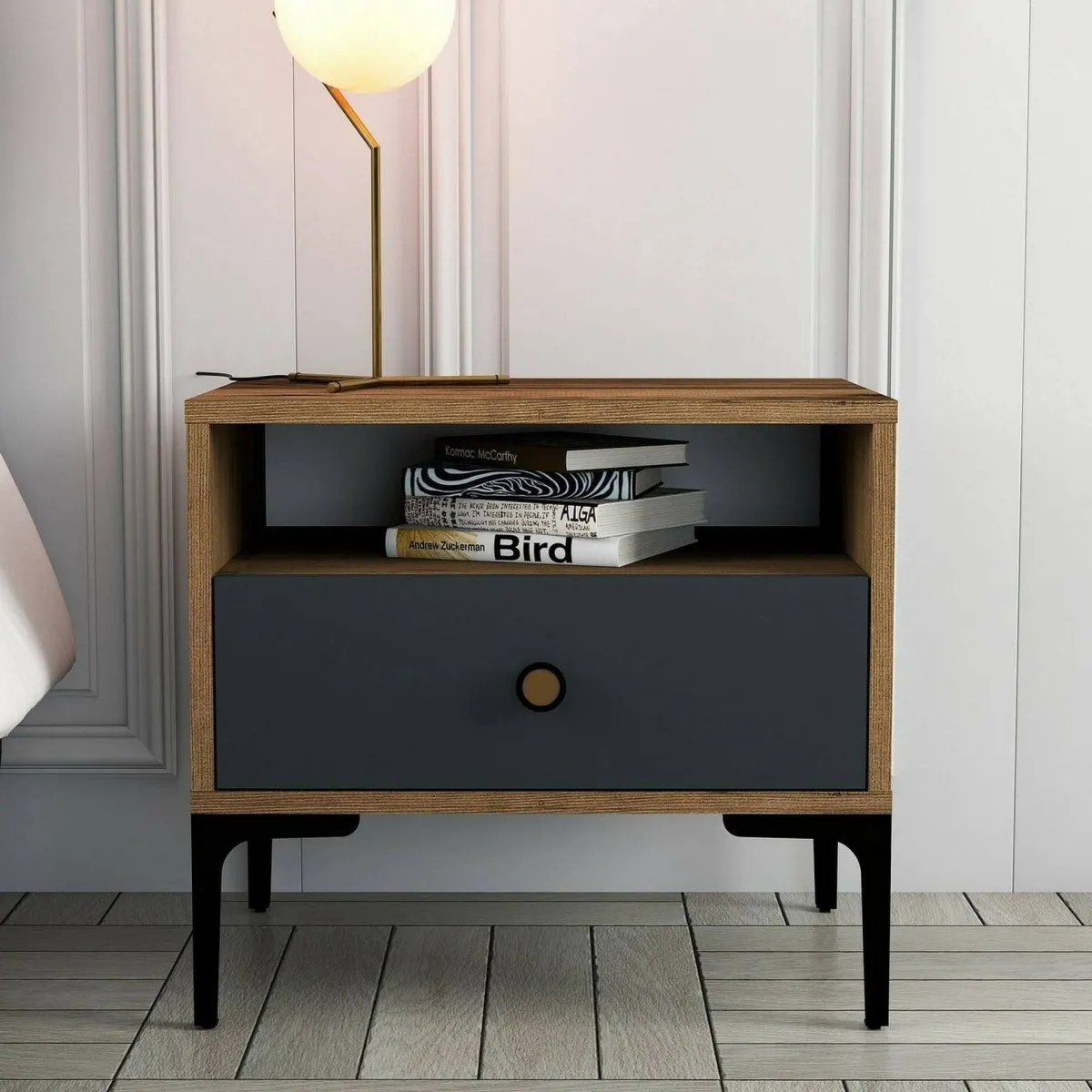 Comodini|Camera Da Letto > Dmora Comodino in legno e metallo noce e antracite 56x40x50h cm - Editta Nero Antracite, Marrone Noce