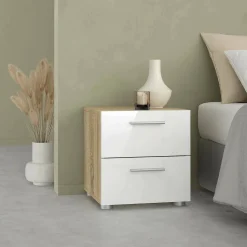 Comodini > Dmora Comodino in legno quercia e bianco lucido 40x40x42h cm - Apolla Bianco Lucido, Marrone Quercia