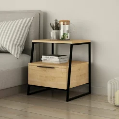 Comodino in legno quercia e nero 45x41x50h cm - Rosita