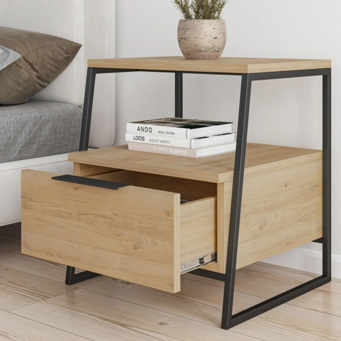 Comodino in legno quercia e nero 45x41x50h cm - Rosita
