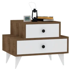 Comodini > Dmora Comodino Marrone Noce Bianco 2 Cassetti Apertura Scorrevole 63x44x50h cm, Chiusura Scorrevole - Segni Bianco, Marrone Noce